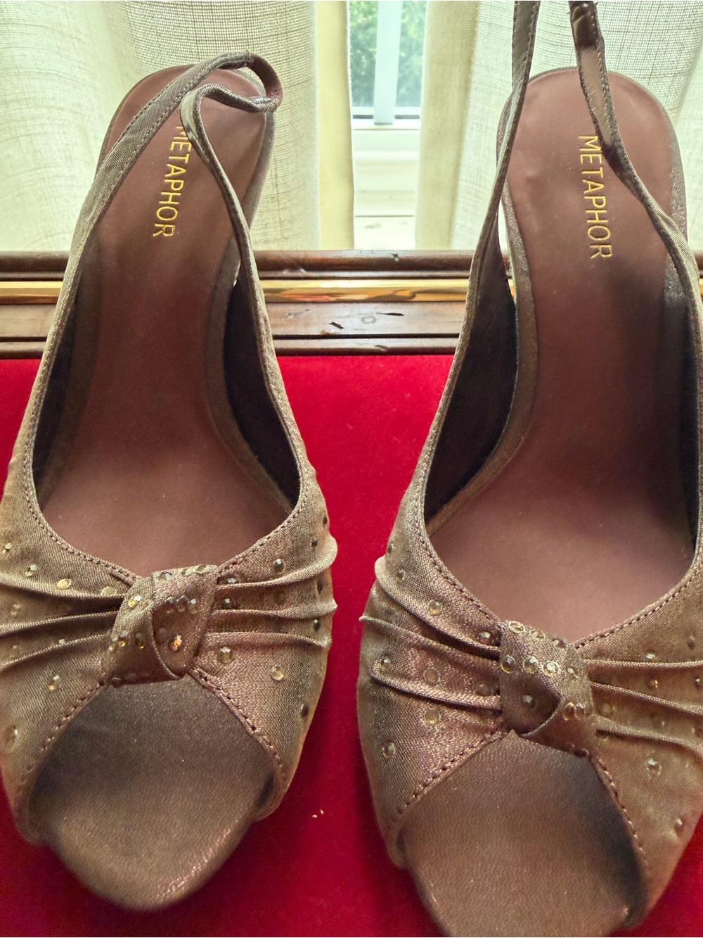 VTG Metaphor Sz 7.5 Slingback Peep-Toe Heels with Rhinestone Detail